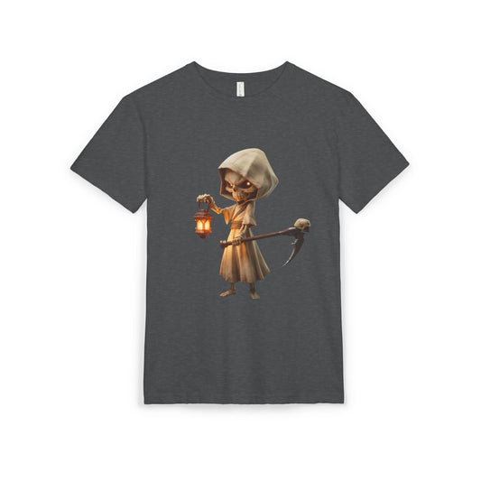 Lantern-Bearing Skeleton Sentinel Unisex Sueded T-Shirt – Gentle Guardian with Skull-Top Scythe and Warm Glow