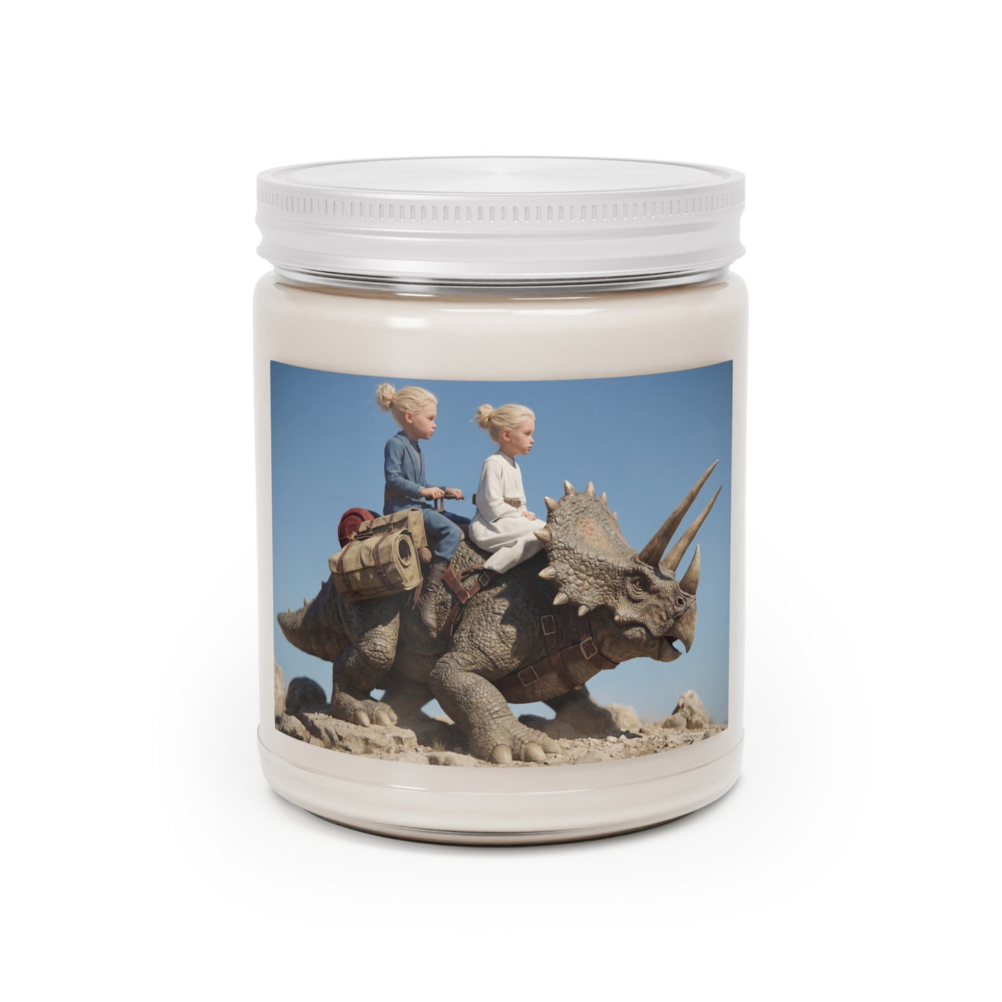 Twin Explorers on Triceratops Scented Soy Candles with White Lid, 9oz – Dusty Desert Odyssey