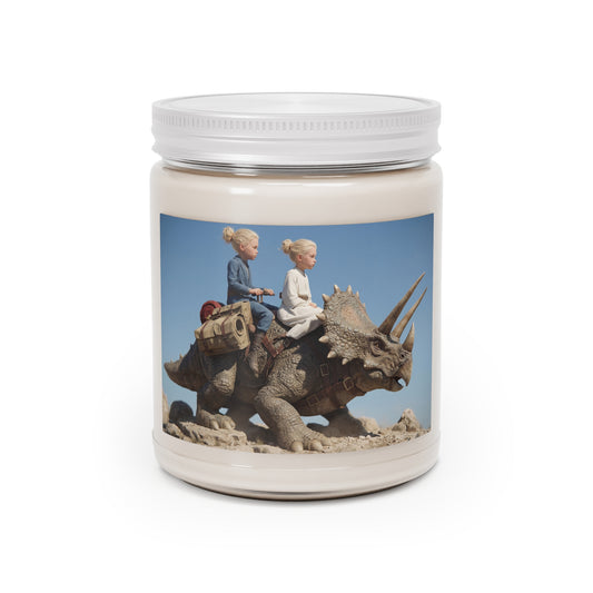 Twin Explorers on Triceratops Scented Soy Candles with White Lid, 9oz – Dusty Desert Odyssey