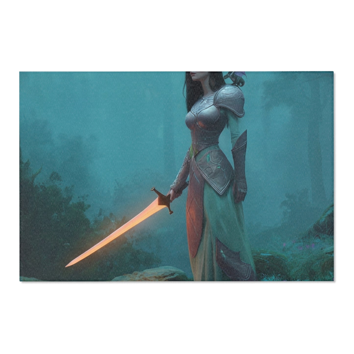 Elven Sentinel Area Rug – Twilight Grove with Glowing Blade