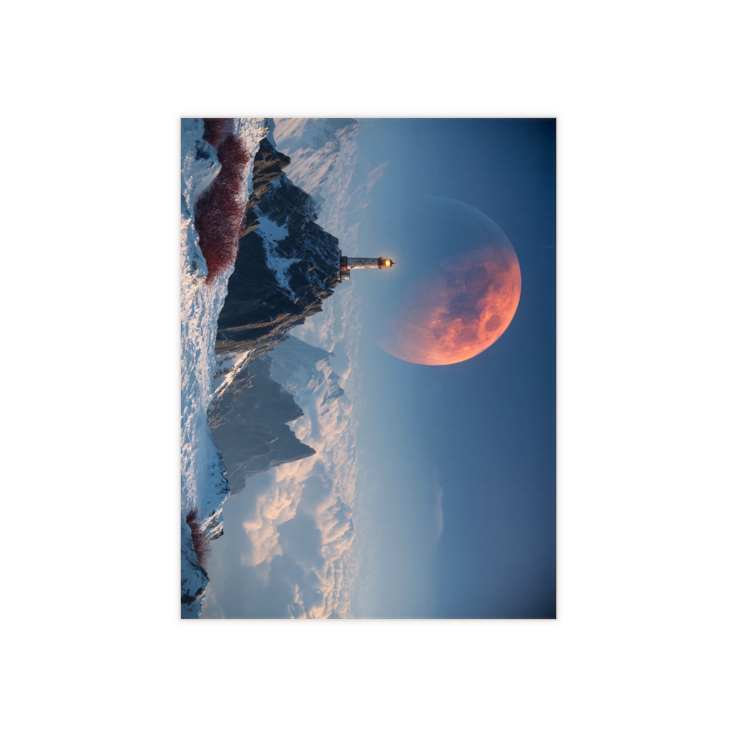 Lighthouse on Snowy Peak Ceramic Photo Tile – Crimson Moon Over Cloud Sea