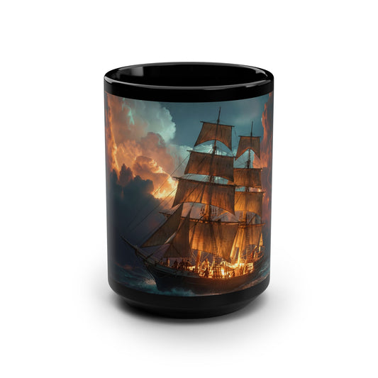 Stormlit Galleon Black Mug, 15oz – Golden Dawn at Sea