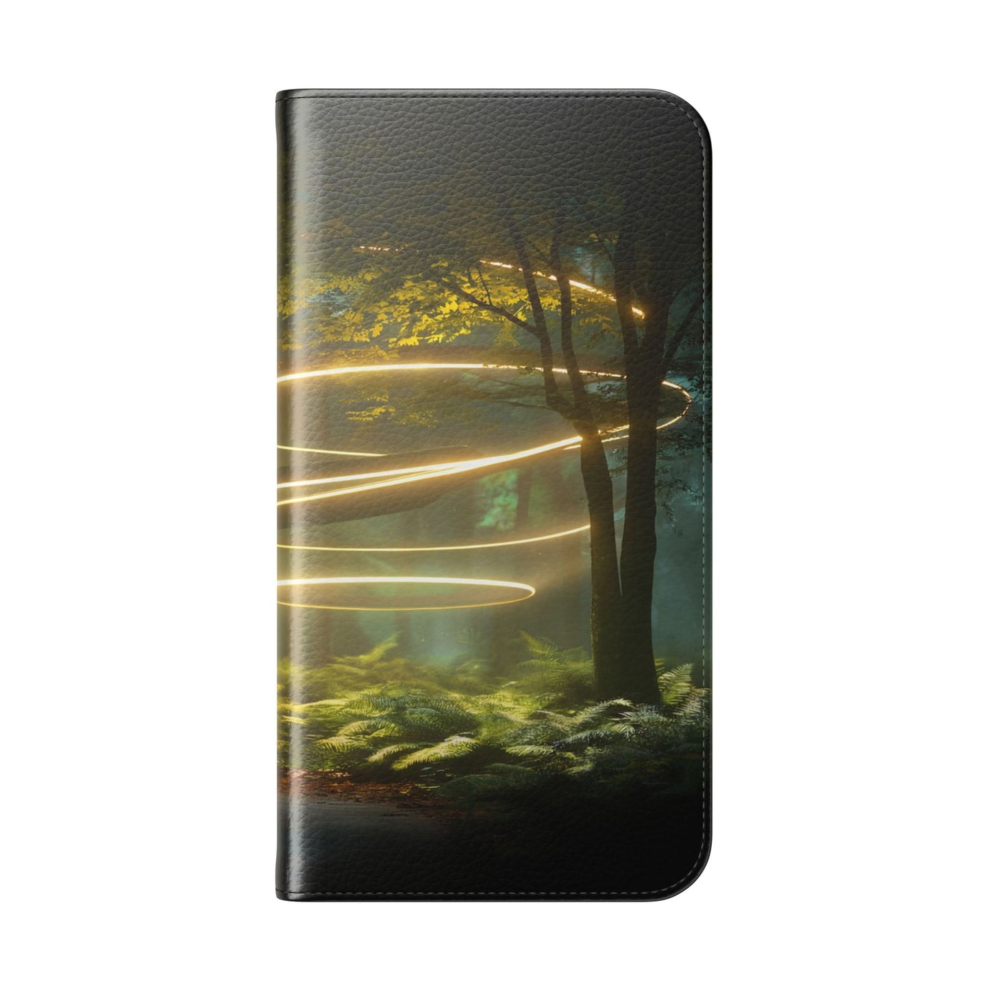 Luminous Spiral Forest Flip Cases – Golden Light Rings Mystery Scene