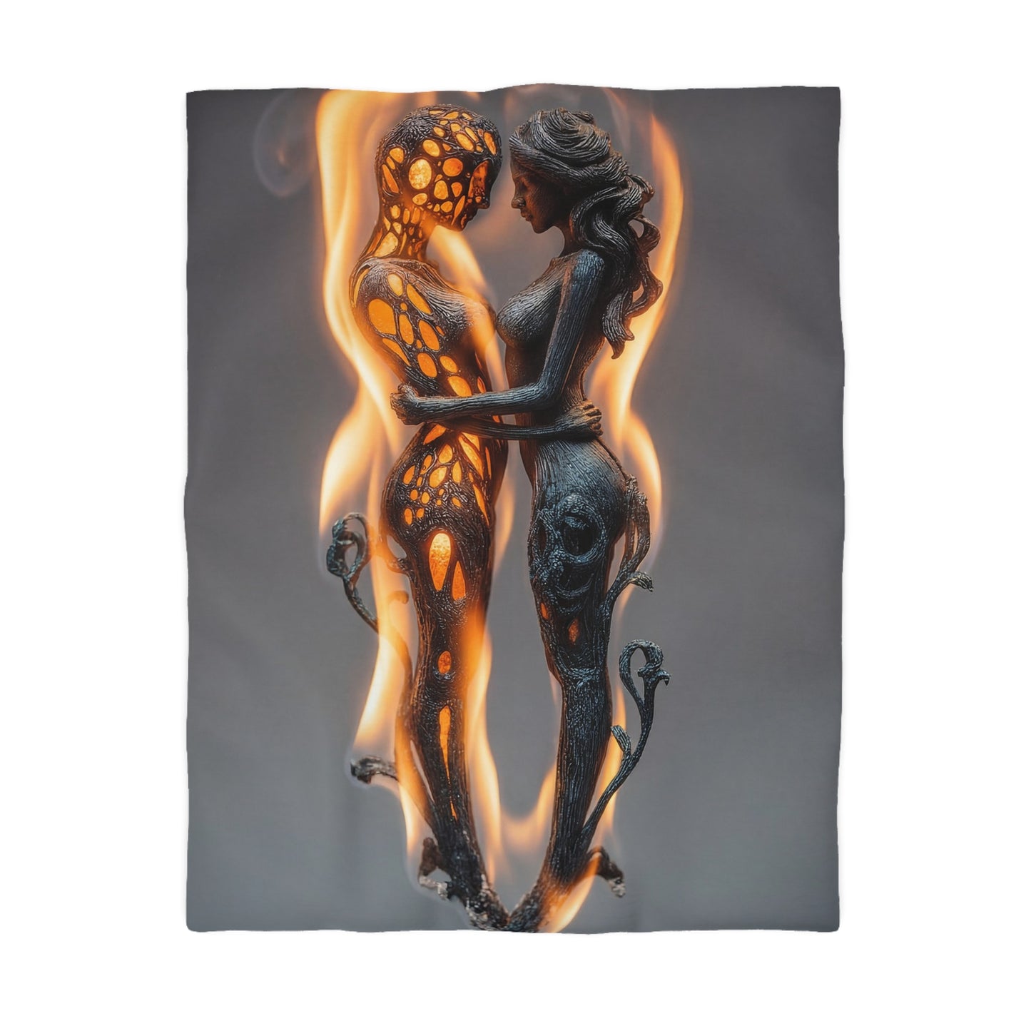 Flame-Embraced Lovers Microfiber Duvet Cover – Intertwined in Gilded Fire
