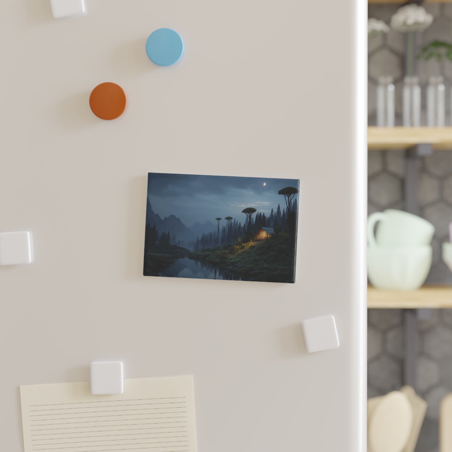 Moonlit Cabin by the River Button Magnet, Rectangle (1 & 10 pcs) – Whispering Peaks at Dusk