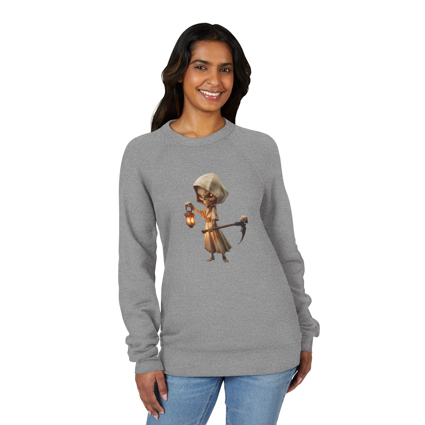 Lantern-Bearing Skeleton Sentinel Sweatshirt – Hooded Reaper with Scythe and Warm Glow