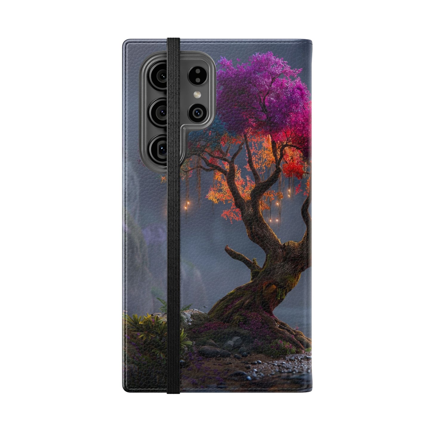 Chromatic Canopy Flip Cases – Rainbow Tree Moonlit Waterfall Scene