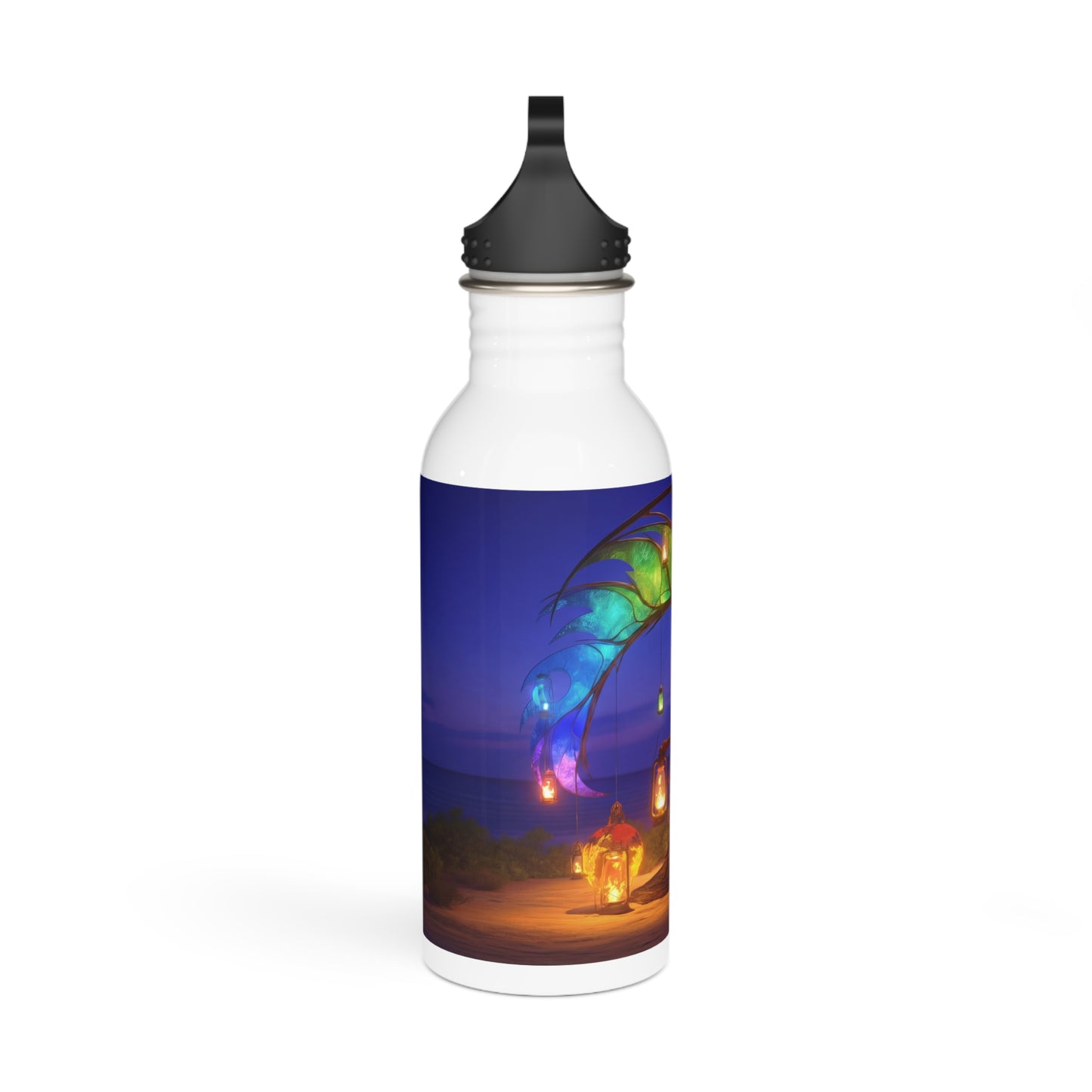 Luminous Phoenix Arch Water Bottle – Sunset Sanctuary with Hanging Lanterns