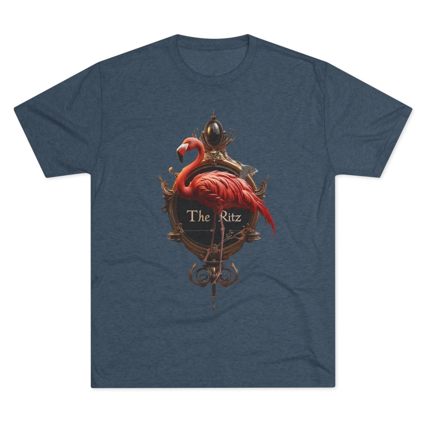 The Ritz Flamingo Sign Tri-Blend Crew Tee – Velvet Gold and Crimson Crest