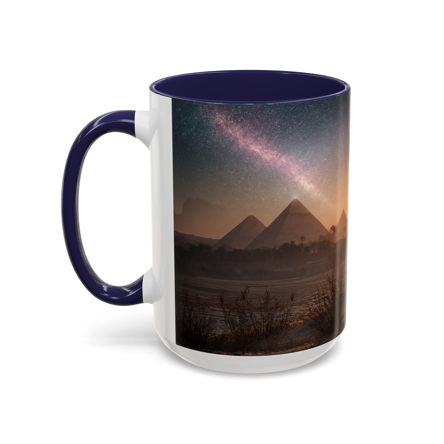 Starry Nile Guardian Cats Accent Coffee Mug (11, 15oz) – Ancient Pyramids Milky Way