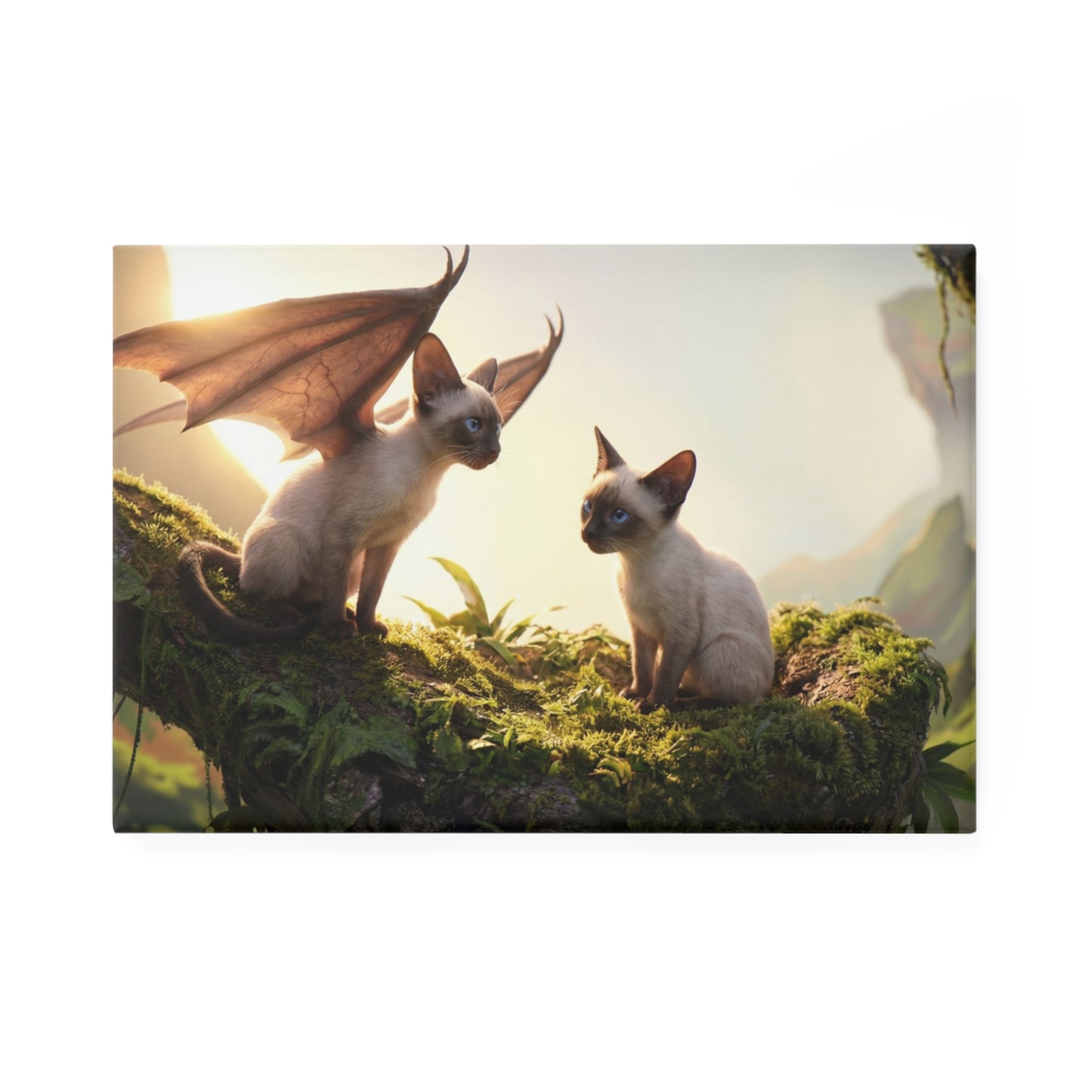 Dragon Cat & Siamese Twin Magnet – Golden Dawn Guardians on Mossy Branch