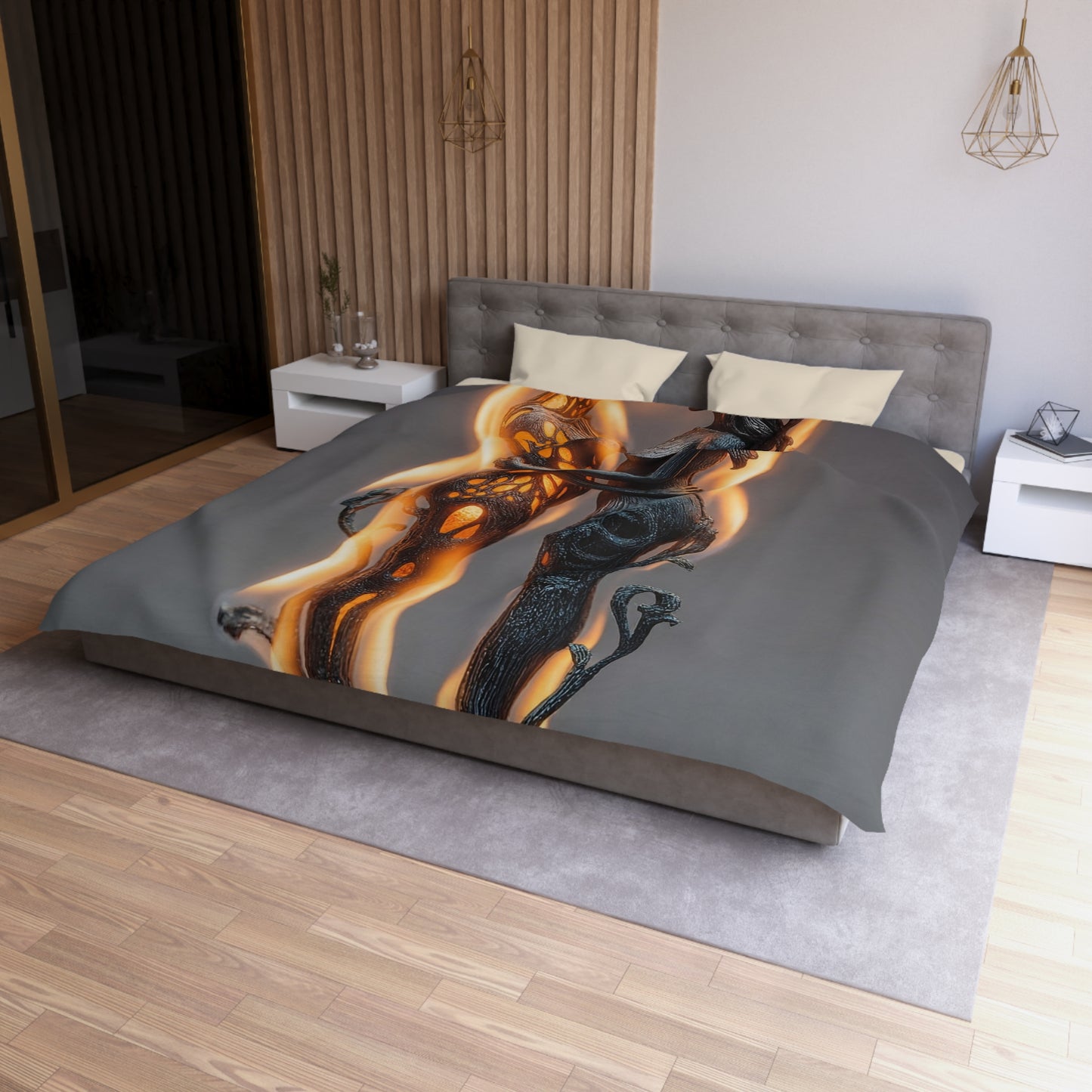 Flame-Embraced Lovers Microfiber Duvet Cover – Intertwined in Gilded Fire