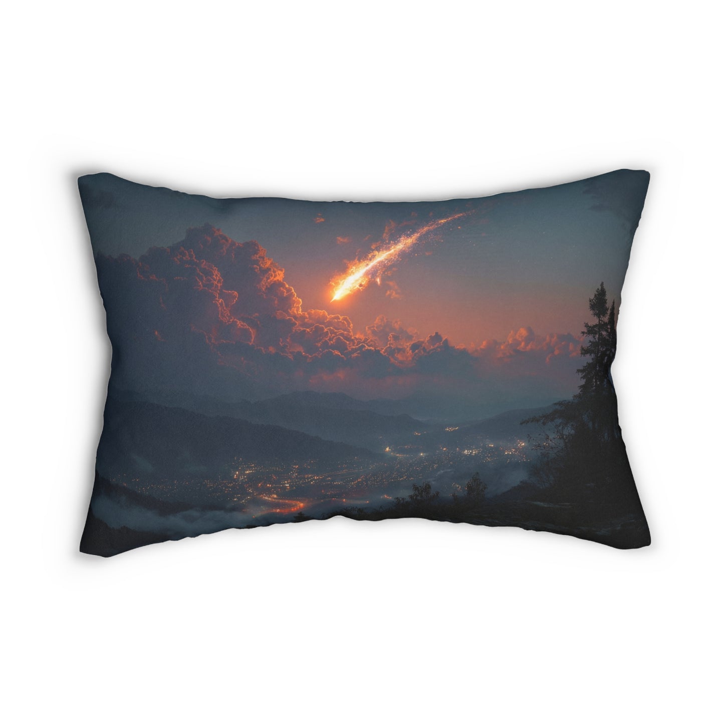 Celestial Firefall Lumbar Pillow – Twilight Skyfall Over Mountain Vale