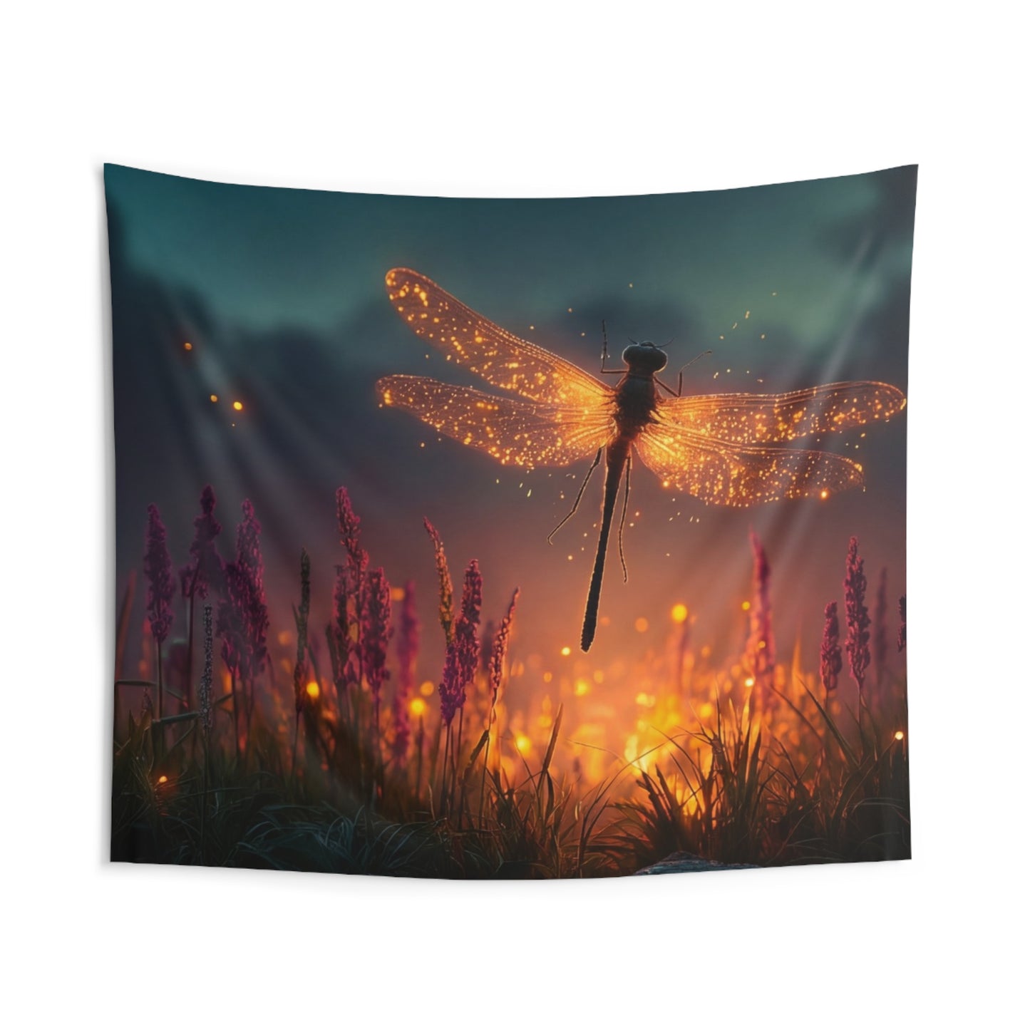 Glowing Dragonfly Indoor Wall Tapestries – Twilight Firefly Serenade