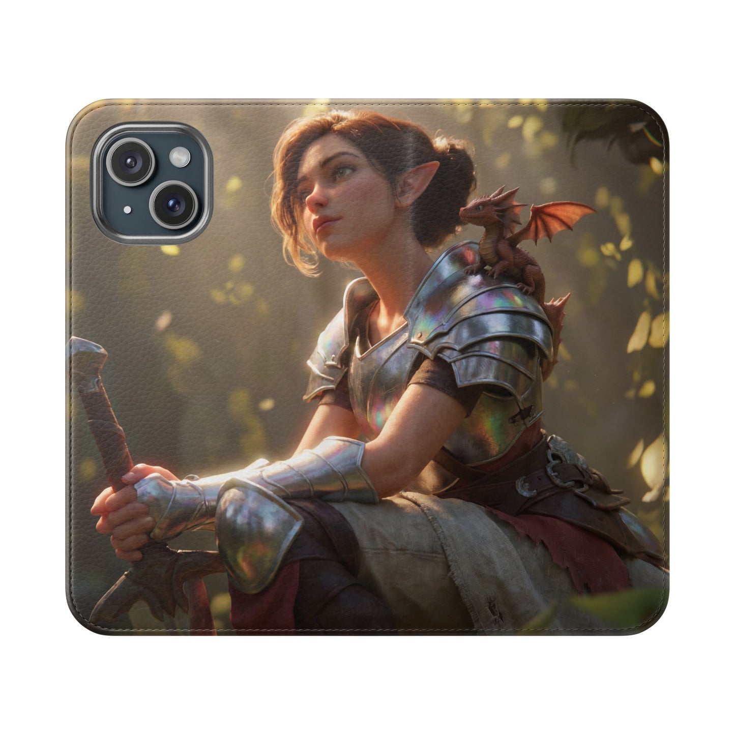 Elven Knight with Dragon Flip Cases – Iridescent Armor & Tiny Guardian Portrait