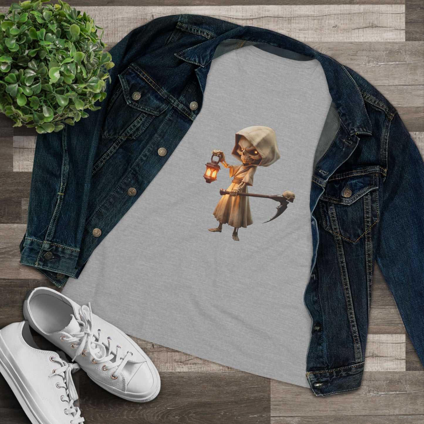 Lantern-Bearing Sentinel Women's Cotton Tee – Hooded Guardian with Scythe