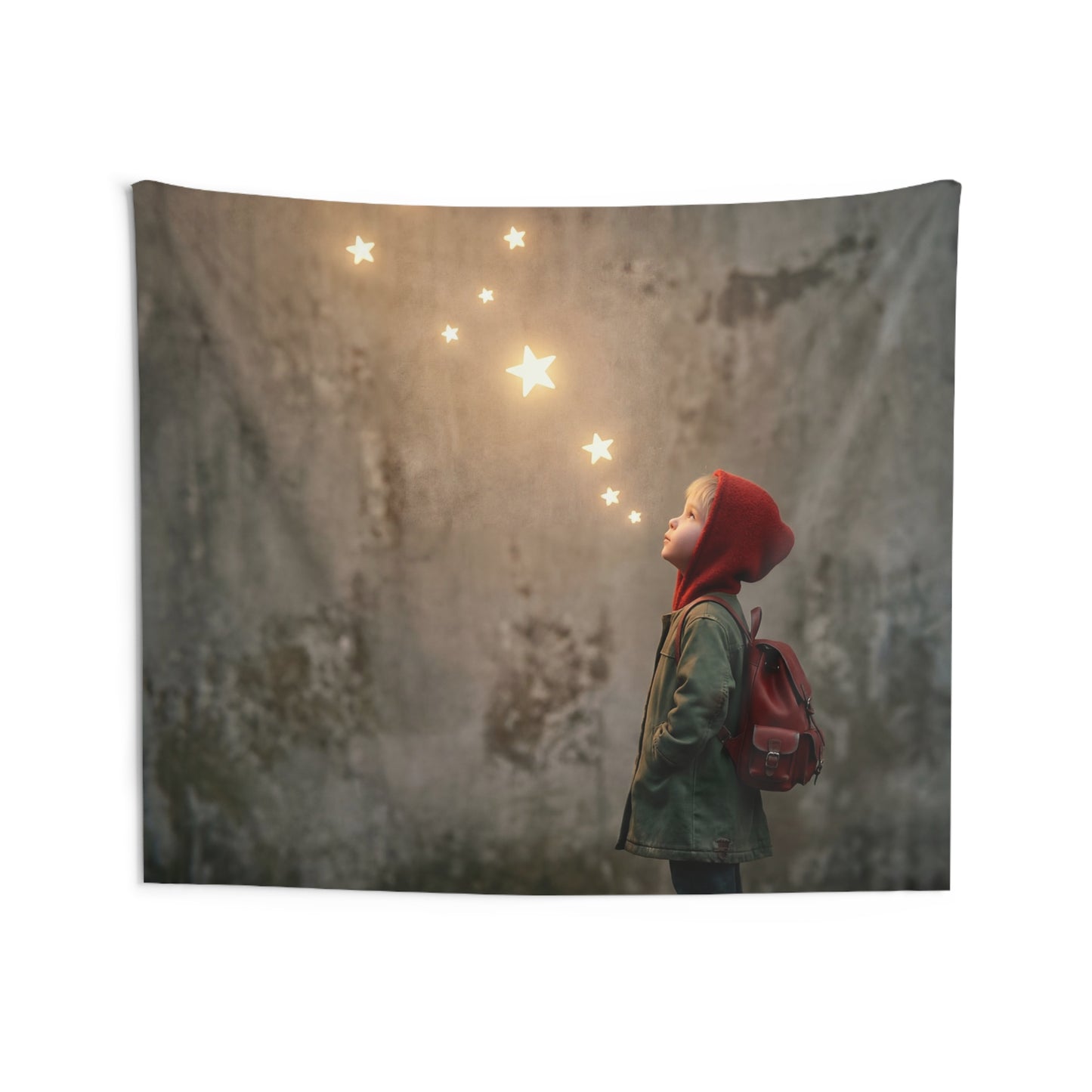 Starbound Child Indoor Wall Tapestries – Warm Glow Against Weathered Stone