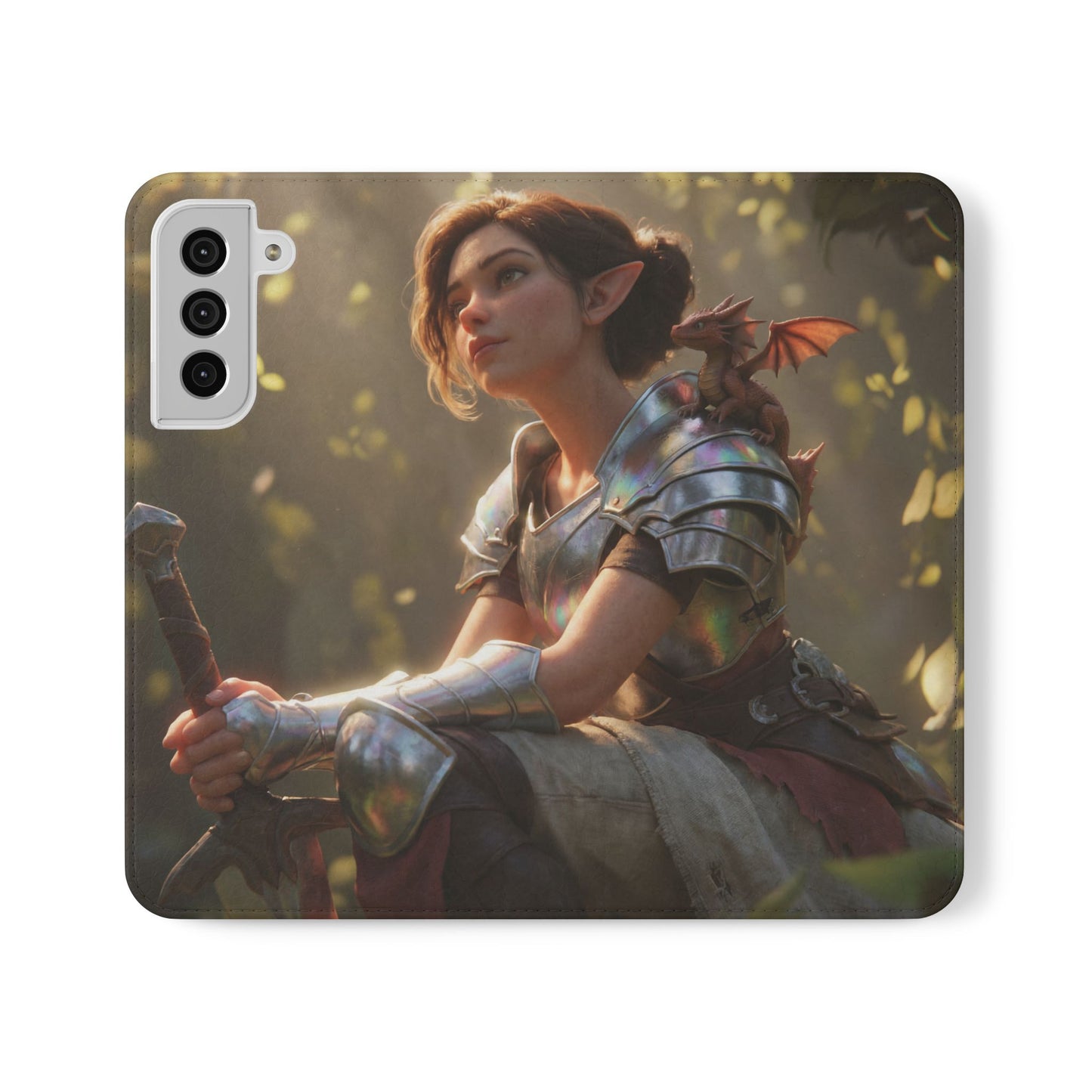 Elven Knight with Dragon Flip Cases – Iridescent Armor & Tiny Guardian Portrait