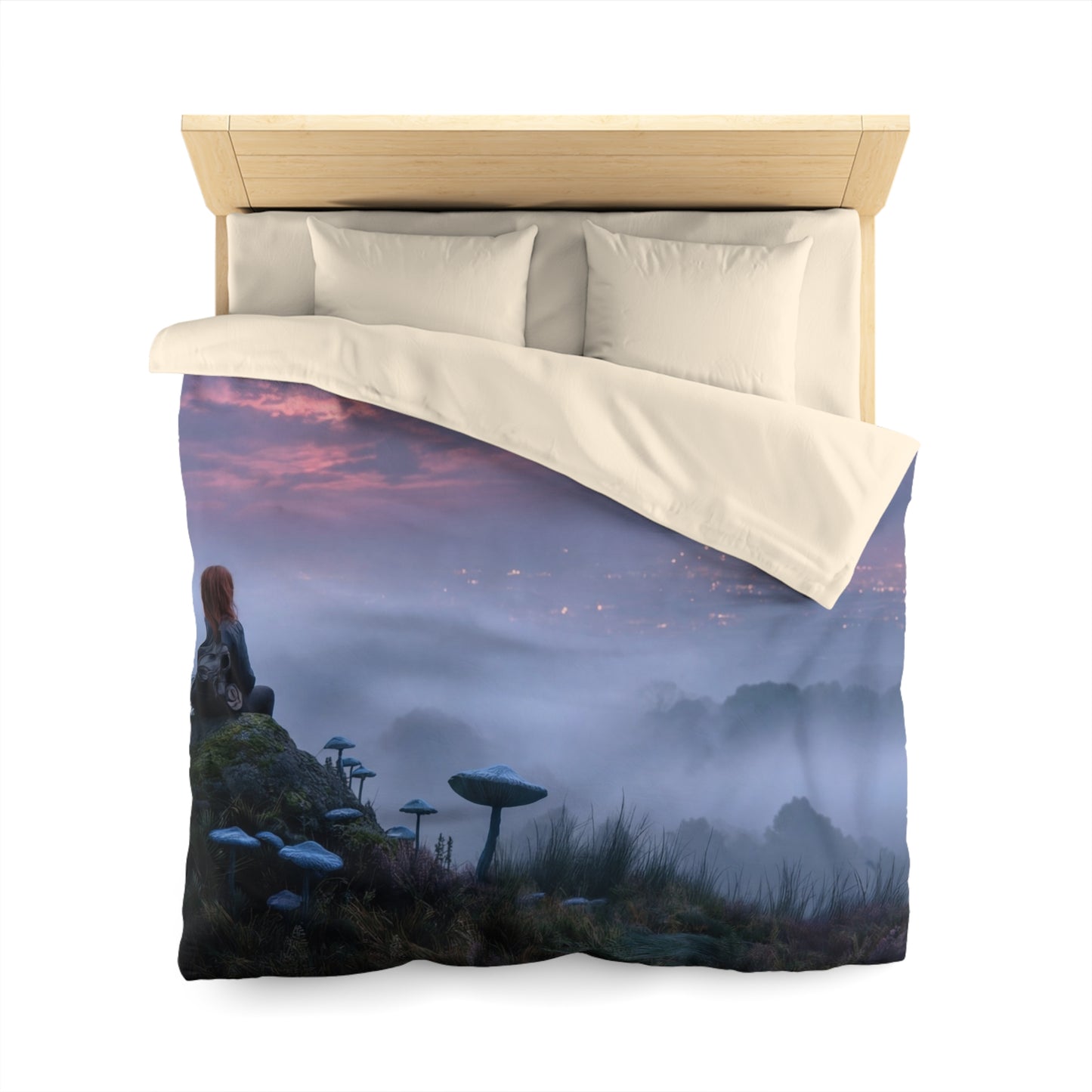 Moonlit Wanderer Microfiber Duvet Cover – Twilight Vista with Bioluminescent Fungi