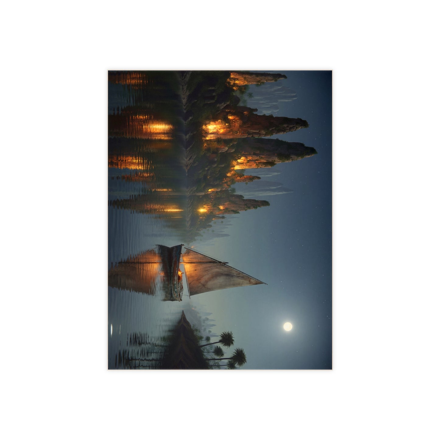 Moonlit River Voyage Ceramic Photo Tile – Warm Light Through Ancient Peaks