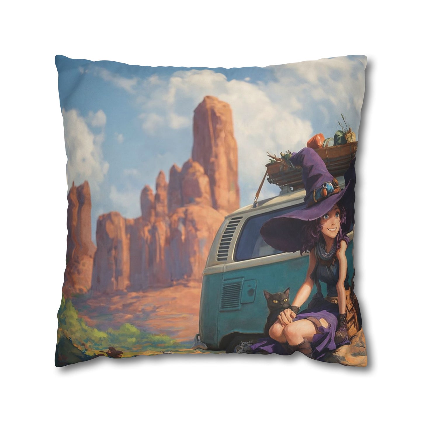 Wagon Ride Faux Suede Square Pillowcase – Desert Camper Adventure Scene