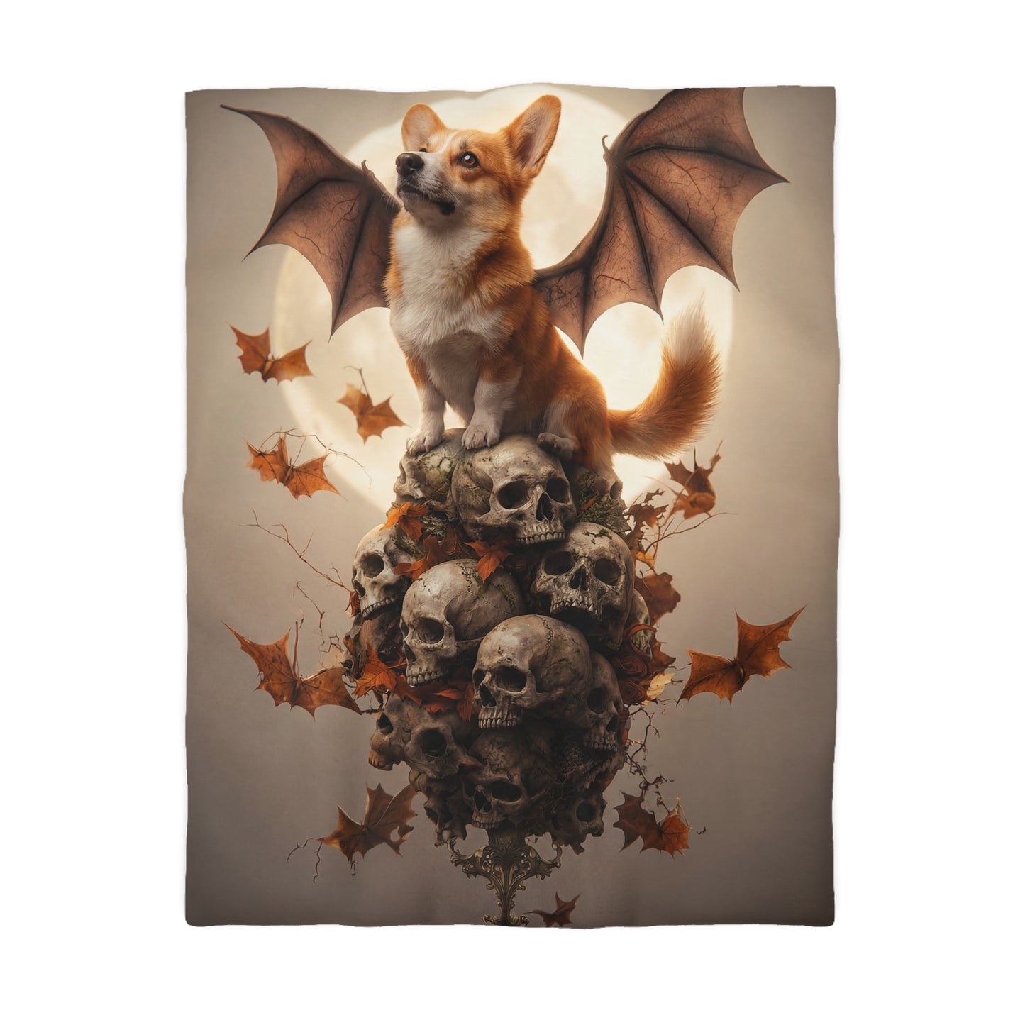 Winged Corgi Over Skulls Duvet Cover – Autumn Moonlight Sentinel