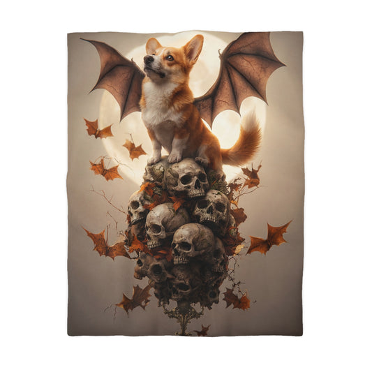 Winged Corgi Over Skulls Duvet Cover – Autumn Moonlight Sentinel