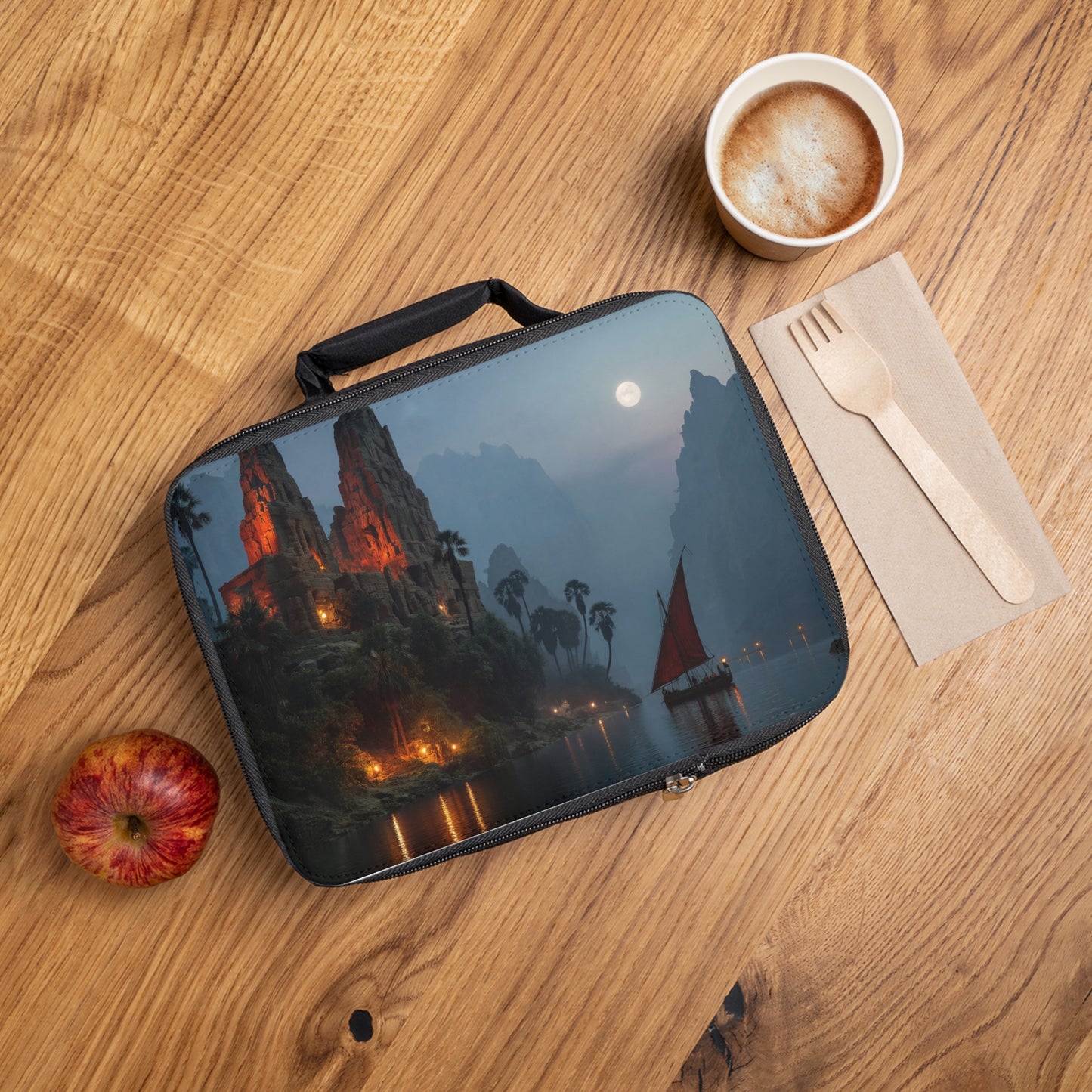 Moonlit Temple Ruins Lunch Bag – Crimson Sail Toward Ancient Light