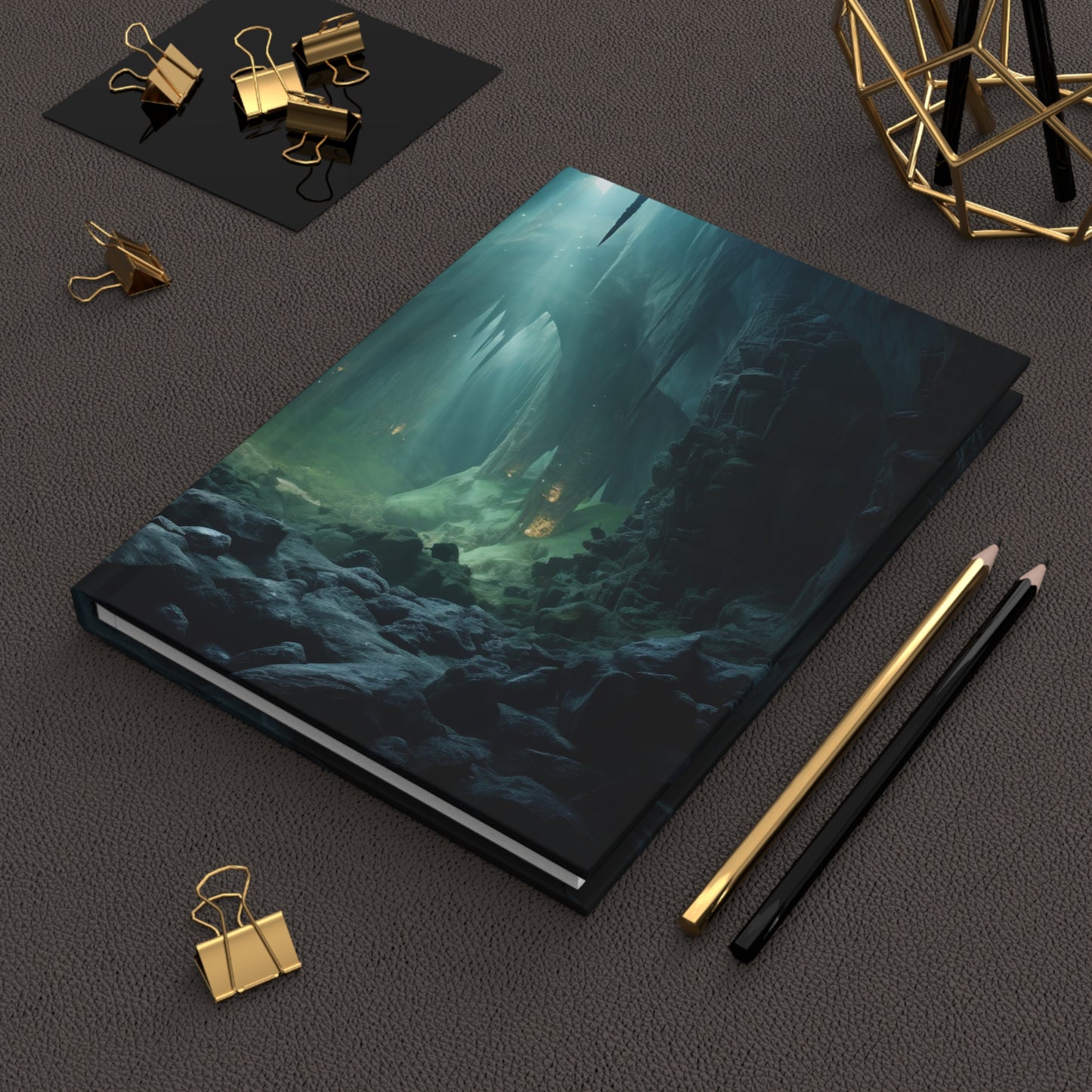 A deep cave interior, lit by a constellation of glow worms, casting an otherworldly light onto the rock formations, cave photography - Hardcover Journal Matte