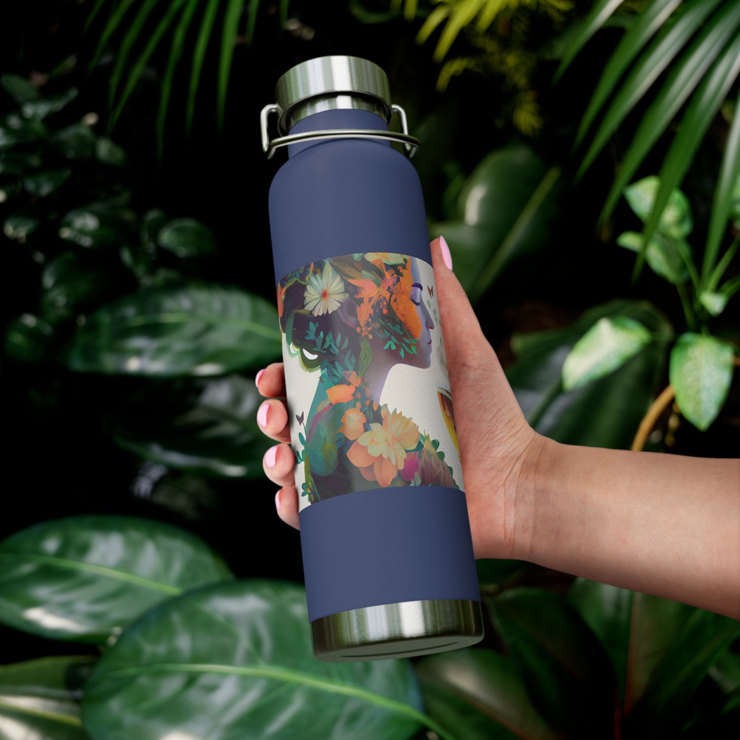 character design, double exposure shot, front profile of a beautiful tea faerie filled with a blooming amazonian jungle, happiness - Copper Vacuum Insulated Bottle, 22oz