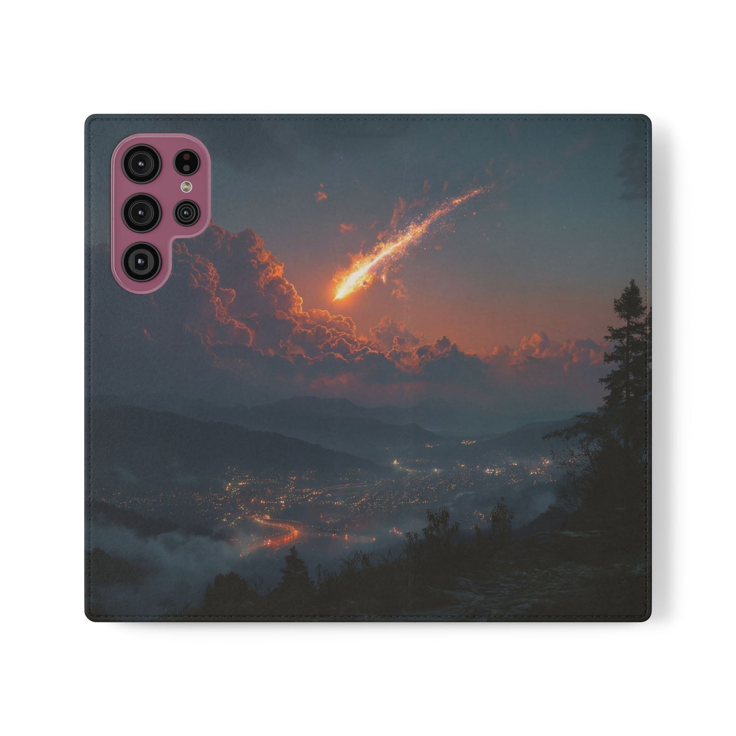 Meteor Over Valley Flip Cases – Crimson Sky Sentinel Cover