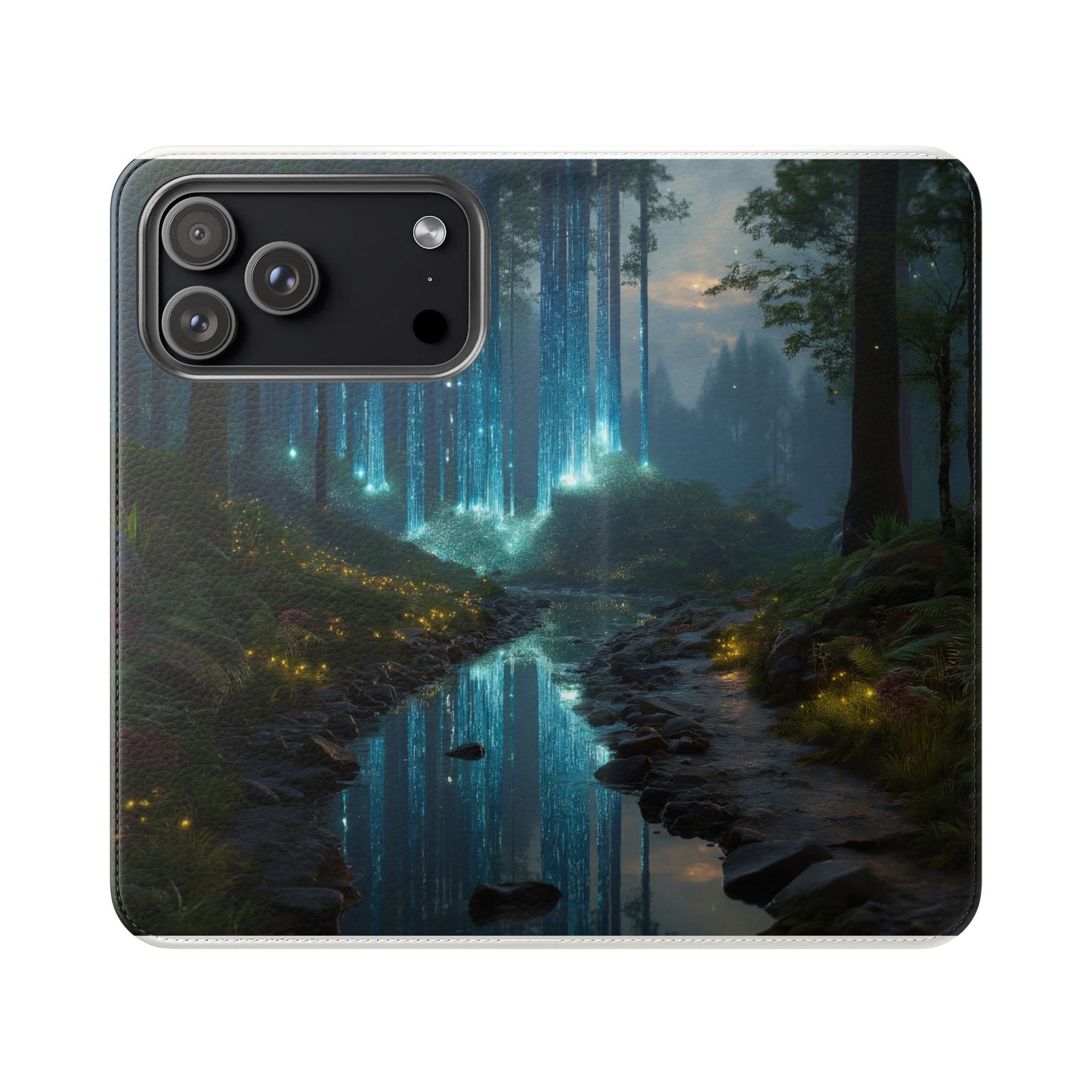 Bioluminescent Forest Flip Cases – Cyan Lightfall Stream Cover