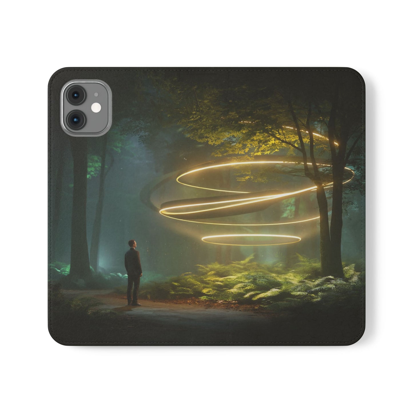 Luminous Spiral Forest Flip Cases – Golden Light Rings Mystery Scene