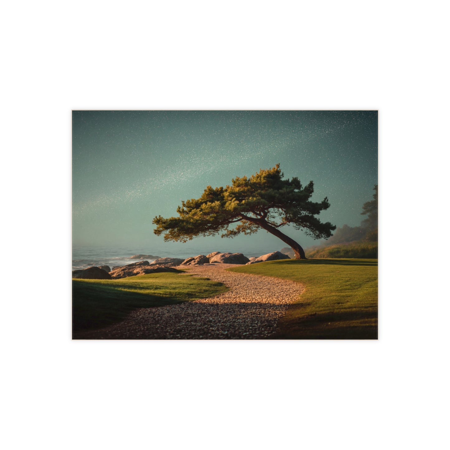 Starlit Sentinel Tree Ceramic Photo Tile – Twilight Shore Guardian
