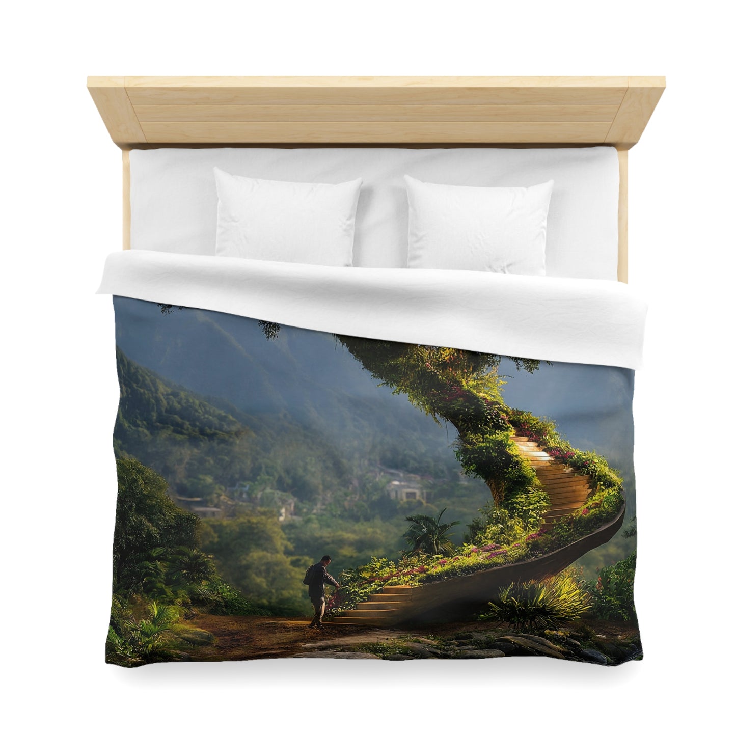 Treehouse Sanctuary Microfiber Duvet Cover – Spiral Stairway to a Mountain Haven