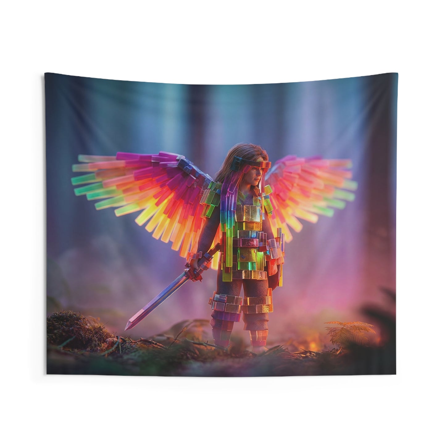 Chromatic Winged Sentinel Indoor Wall Tapestries – Prism Warrior in Twilight Grove