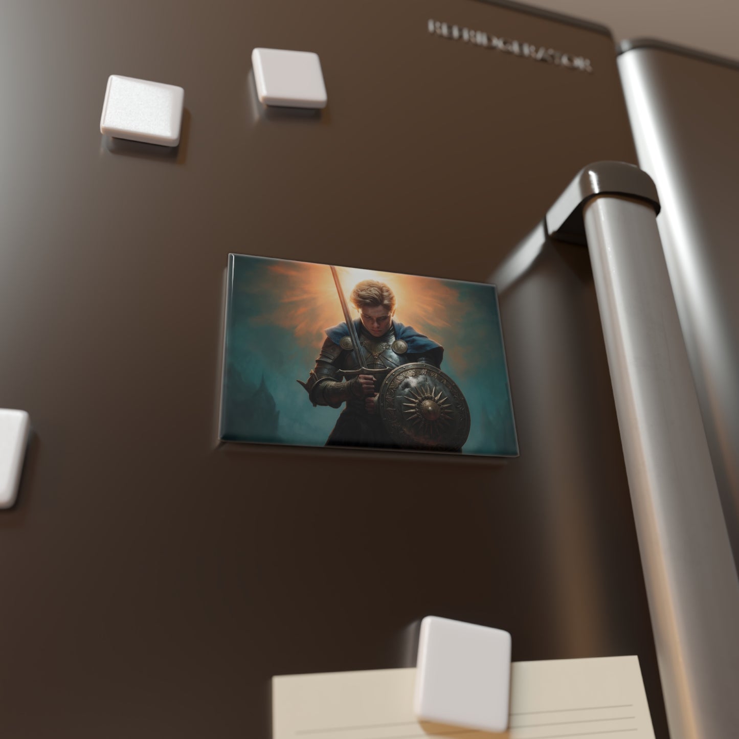 Radiant Knight Button Magnet, Rectangle (1 & 10 pcs) – Dawn’s Last Light Before Battle