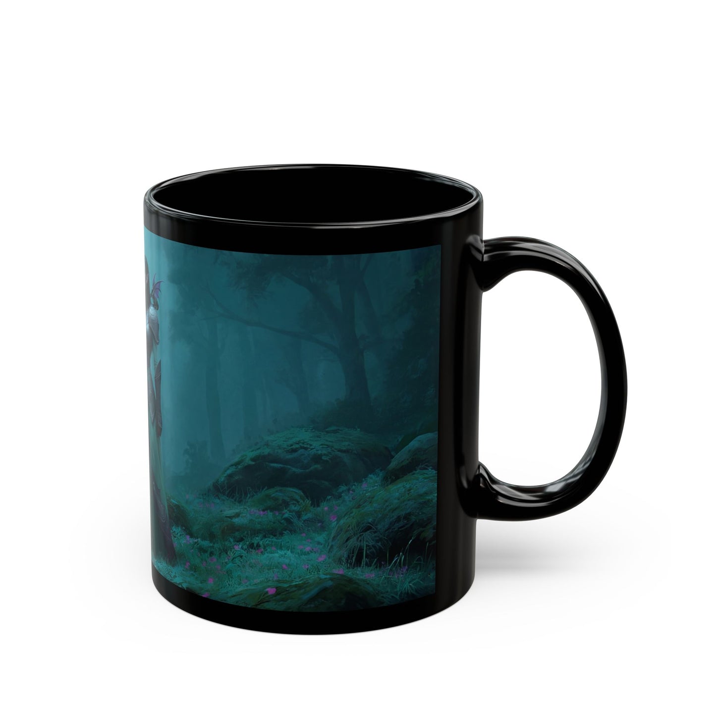 Twilight Sentinel Black Mug – Misty Forest Guardian with Glowing Sword