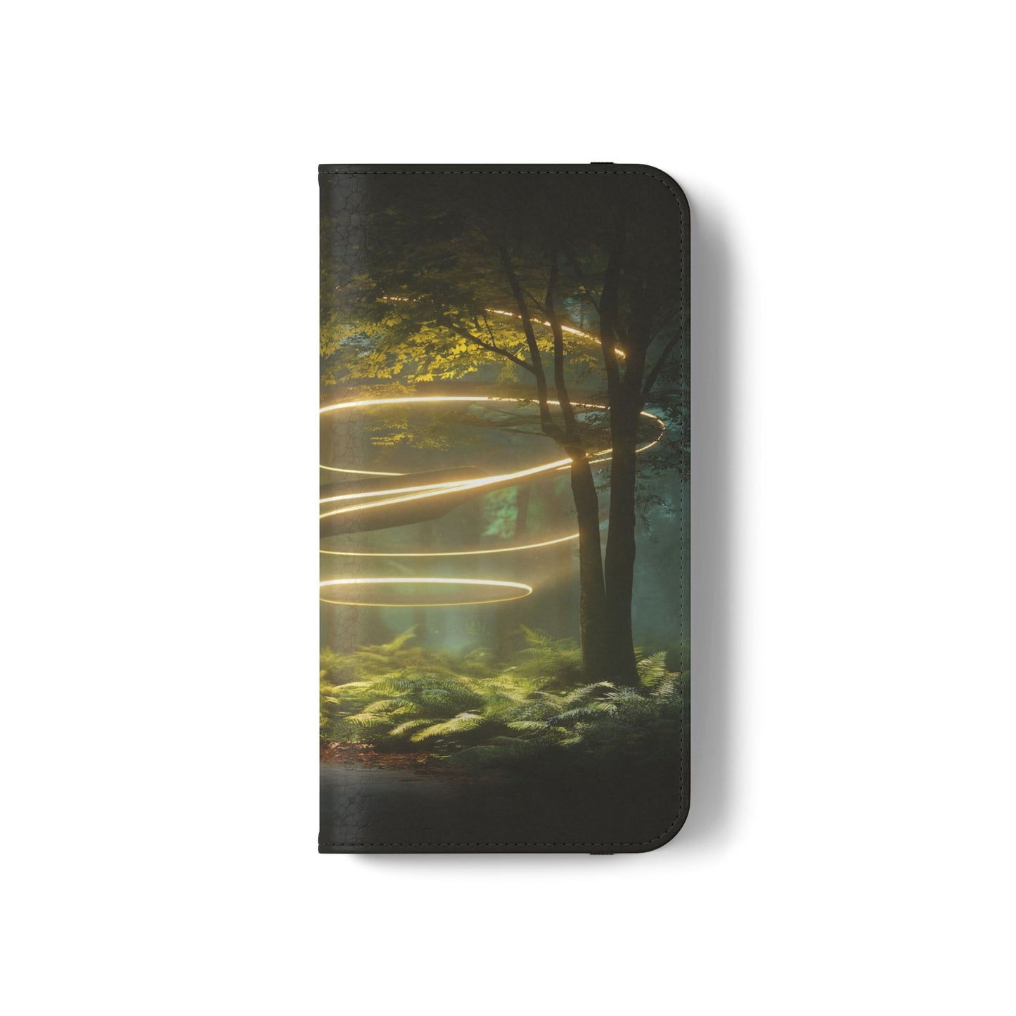 Luminous Spiral Forest Flip Cases – Golden Light Rings Mystery Scene