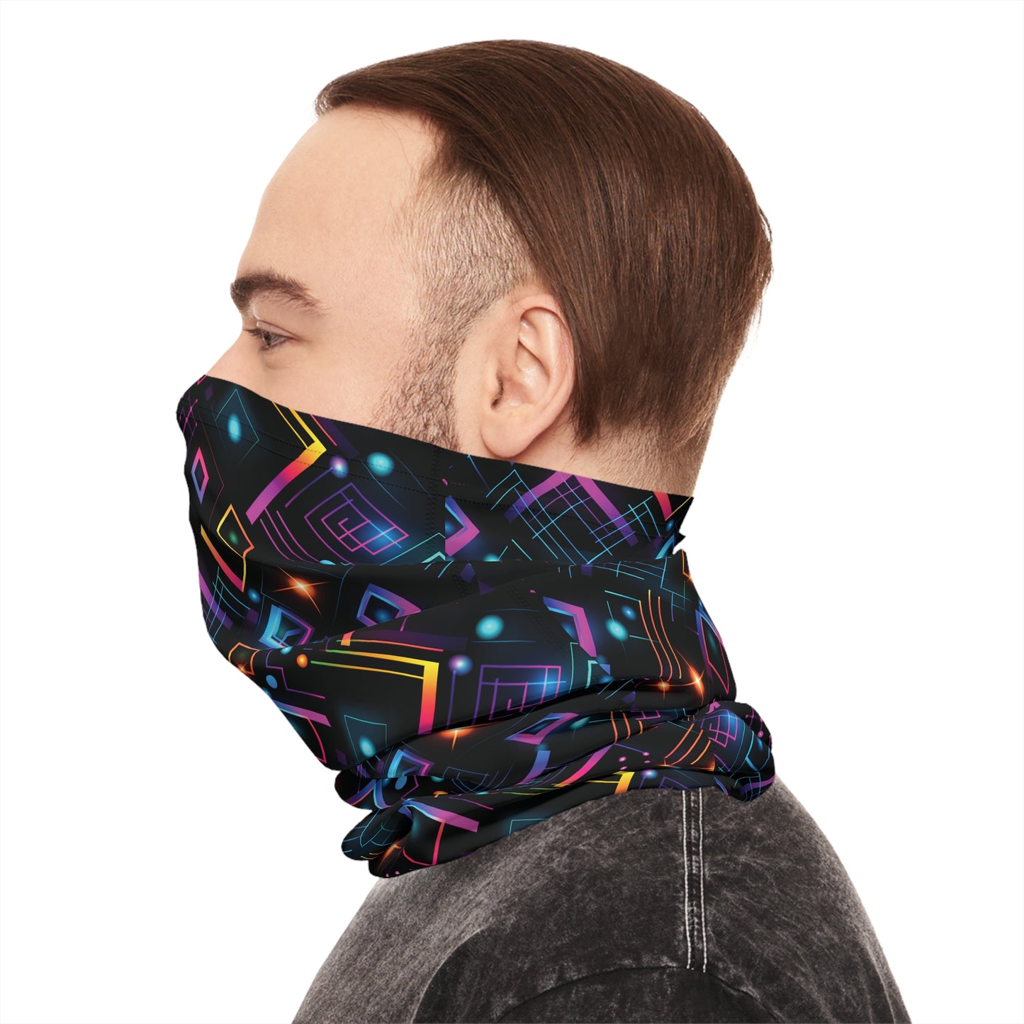 "A tiling pattern of abstract geometric shapes in neon colors with laser beam accents on a black background" - Lightweight Neck Gaiter