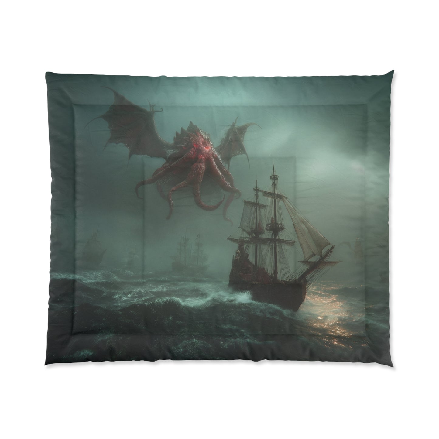 Crimson Cthulhu Comforter – Sea Beast Stormship Tapestry
