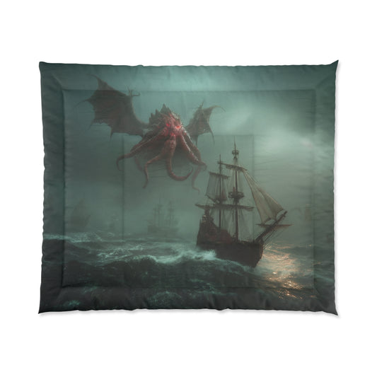 Crimson Cthulhu Comforter – Sea Beast Stormship Tapestry