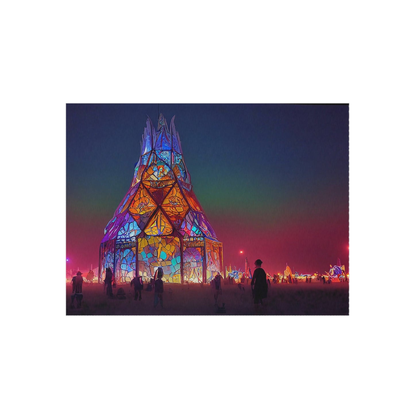 stained glass cathedral at burning man at night - Outdoor Rug