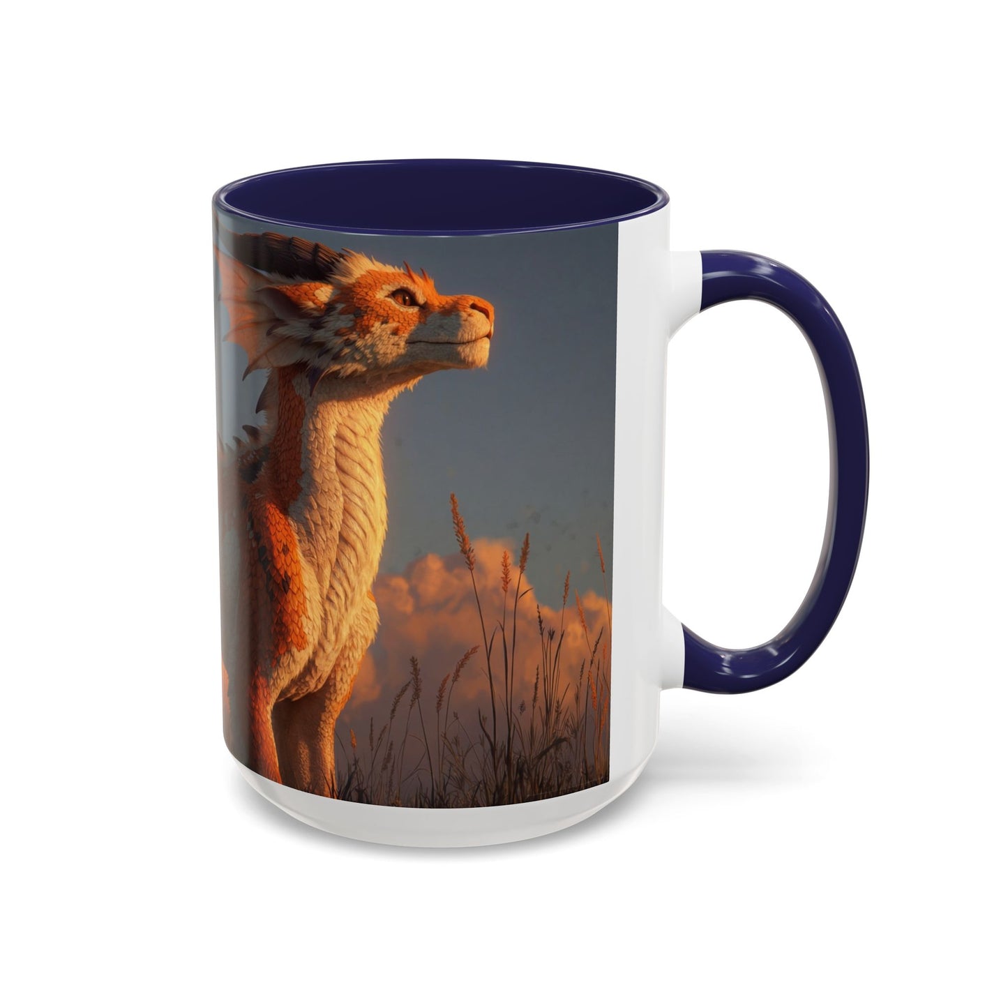 Sunset Dragon Accent Coffee Mug (11, 15oz) – Warm Ember Guardian in Golden Grasses