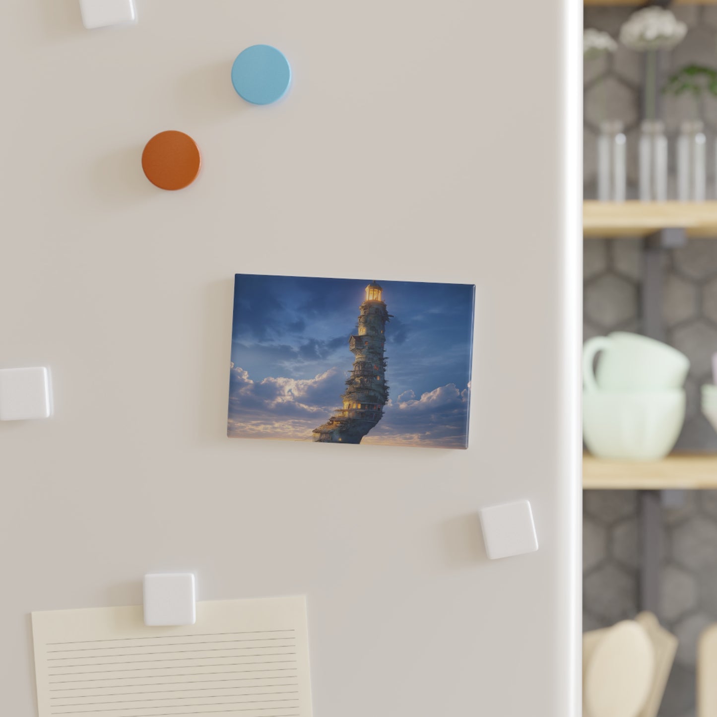 Skyborne Lighthouse Button Magnet, Rectangle (1 & 10 pcs) – A Tower of Warm Light Rising Through Clouds