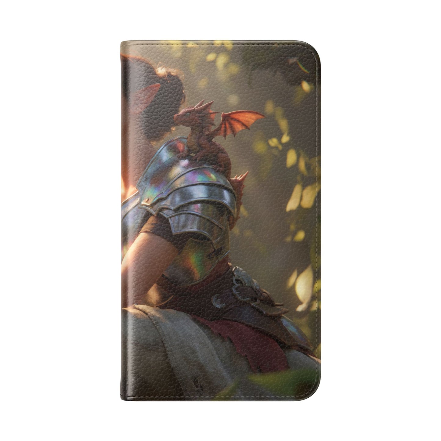 Elven Knight with Dragon Flip Cases – Iridescent Armor & Tiny Guardian Portrait