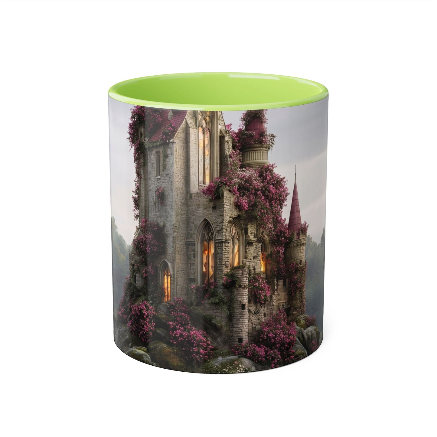 Rose-Covered Tower Accent Mugs, 11oz – Pink Bloomed Gothic Ruin