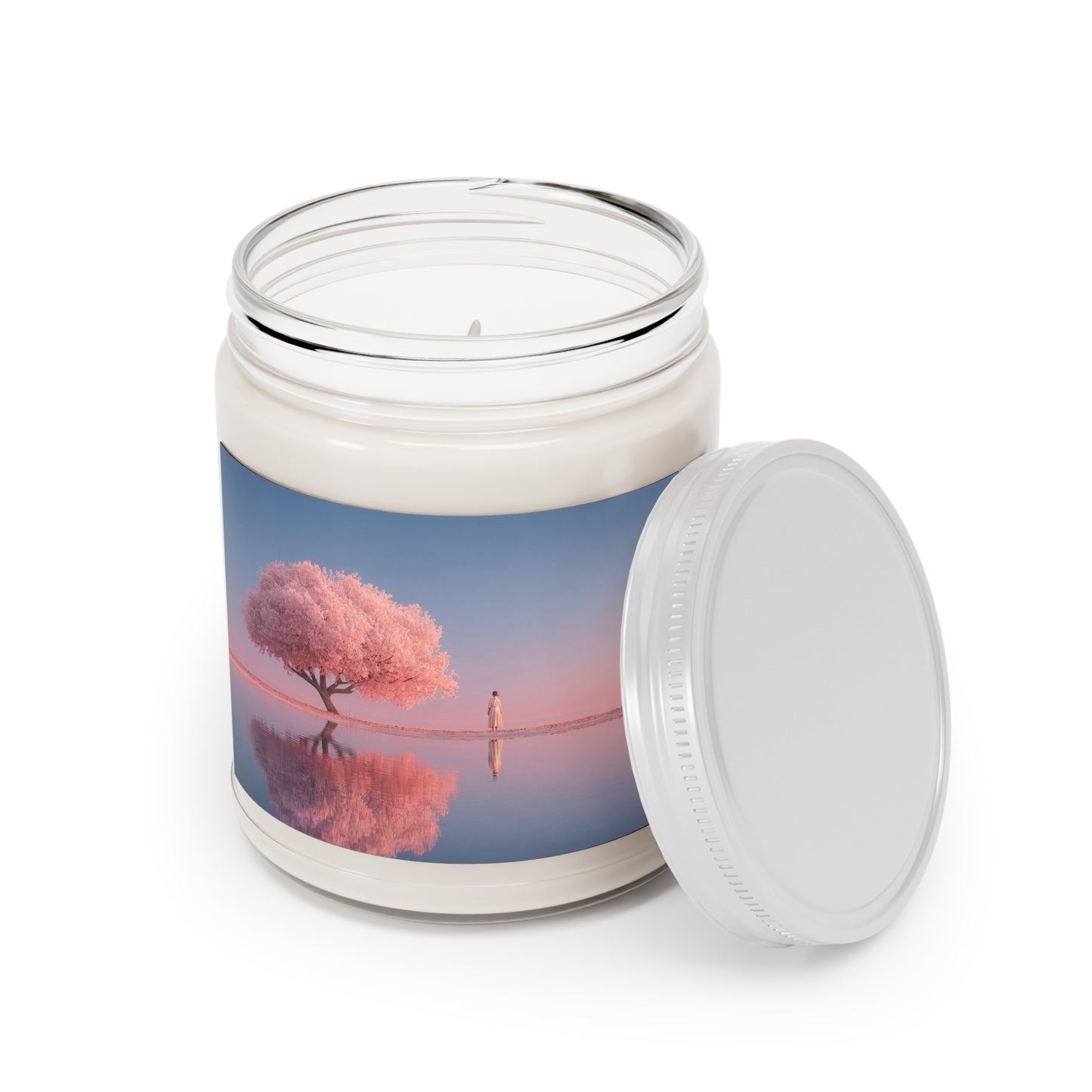 Solitary Pink Sakura Tree Scented Soy Candles with White Lid, 9oz – Twilight’s Quiet Reflection