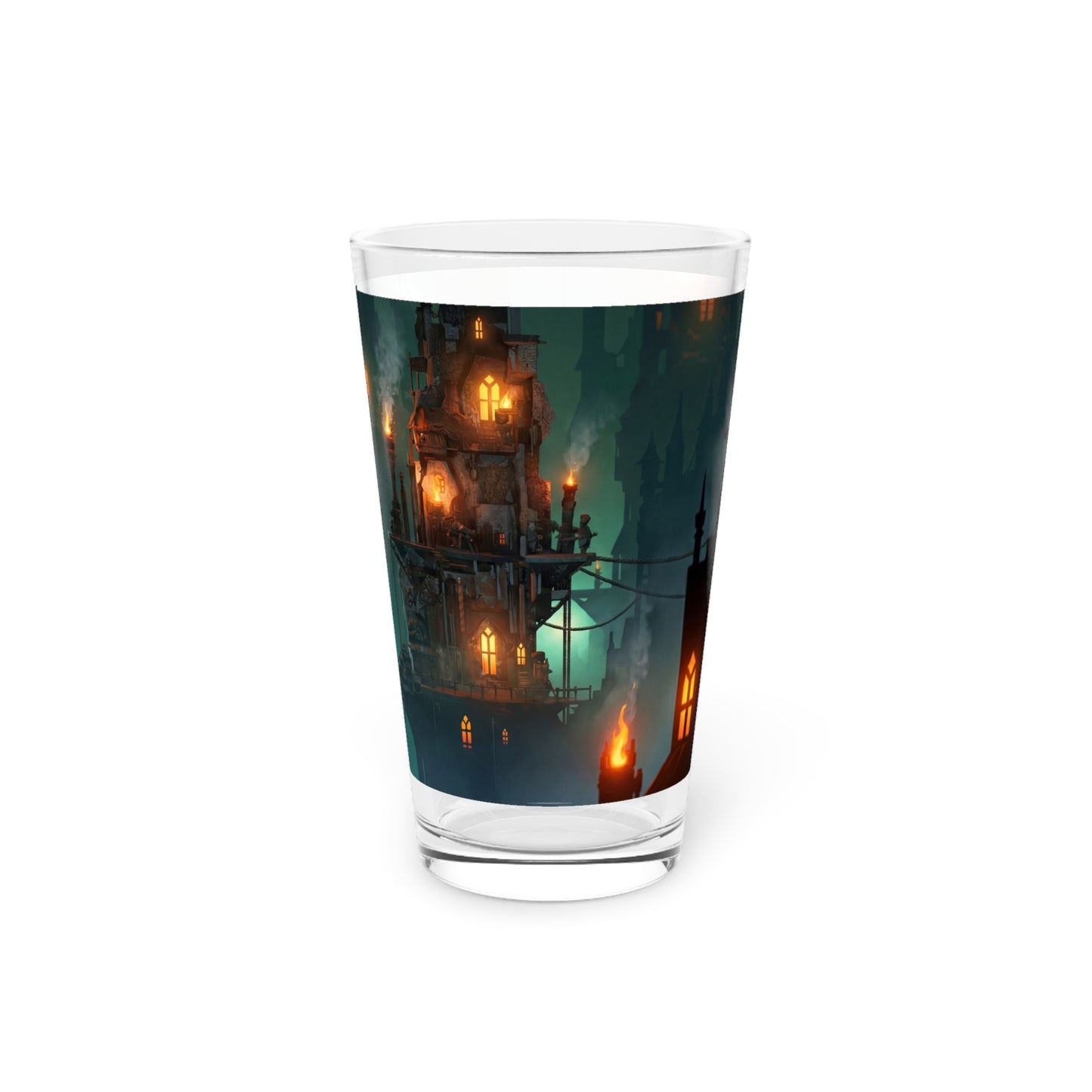 Floating City at Dusk Pint Glass – Warm Lights in the Misty Sky