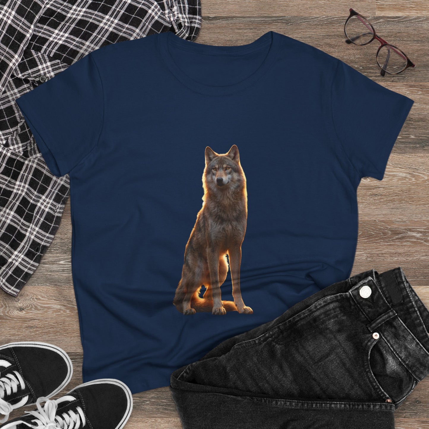 Golden Hour Wolf Women's Midweight Cotton Tee – Sentient Silhouette on Black